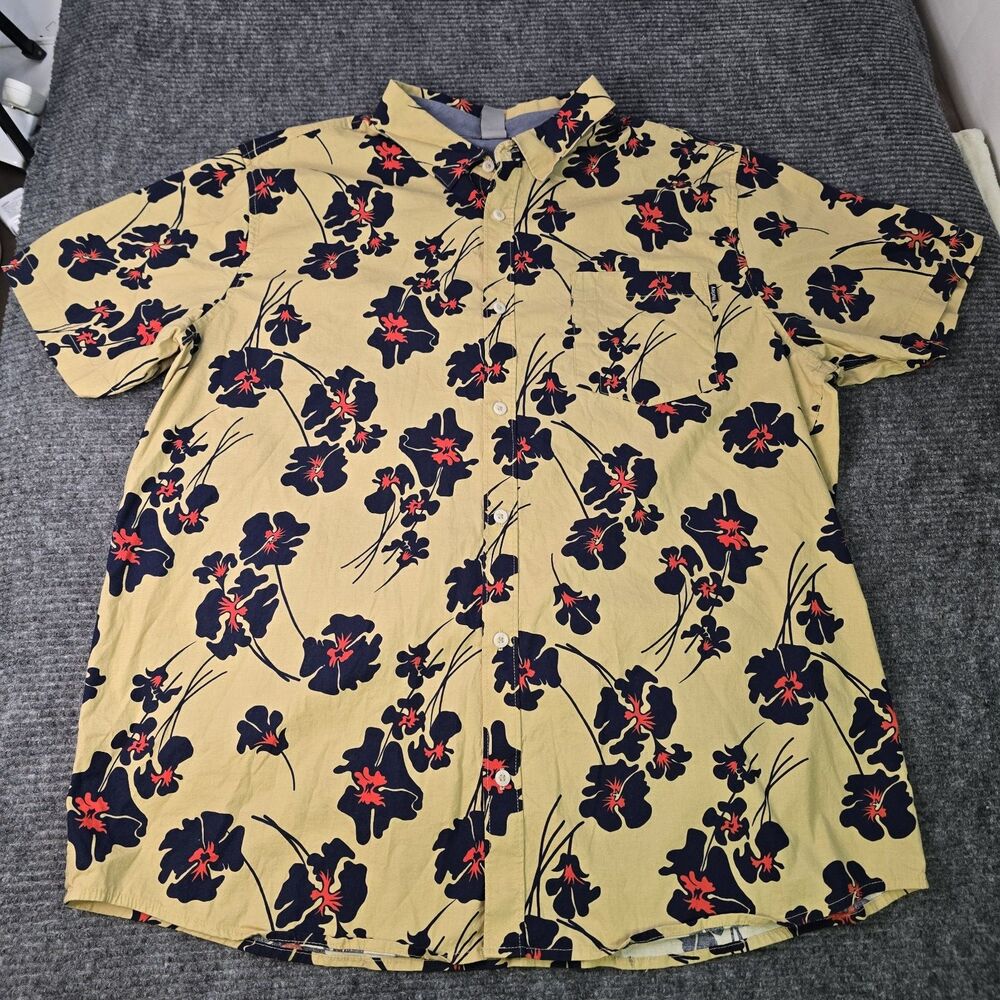 Hurley Hawaiian Surfing Floral Button Shirt Men Size XL Cotton Beige & Blue